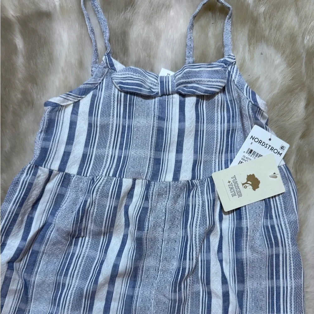 NWT Nordstrom Tucker + Tate Girl Blue White Textured Striped Jumpsuit w Bow 3T